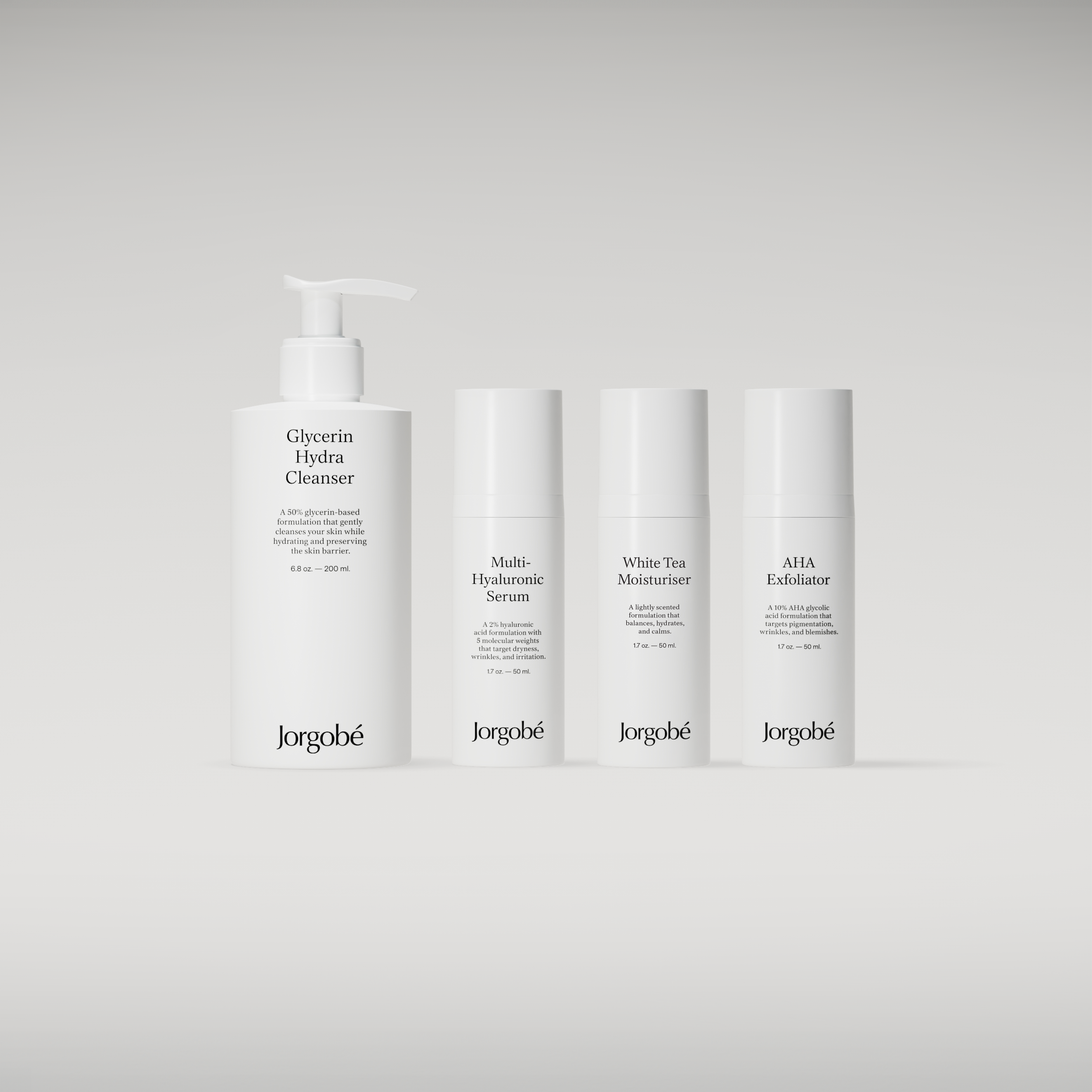 Jorgobe skincare products on a light gray background
